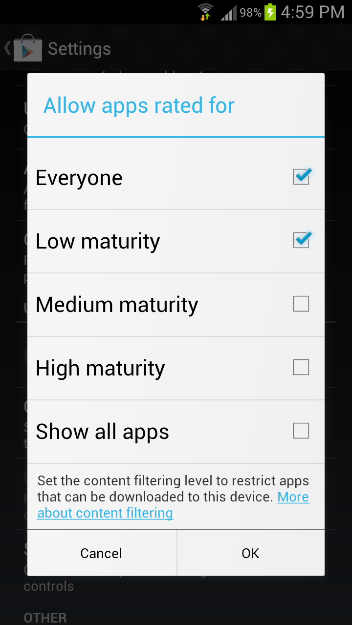 Izgled podešavanja filtriranja sadržaja aplikacija u Play Store